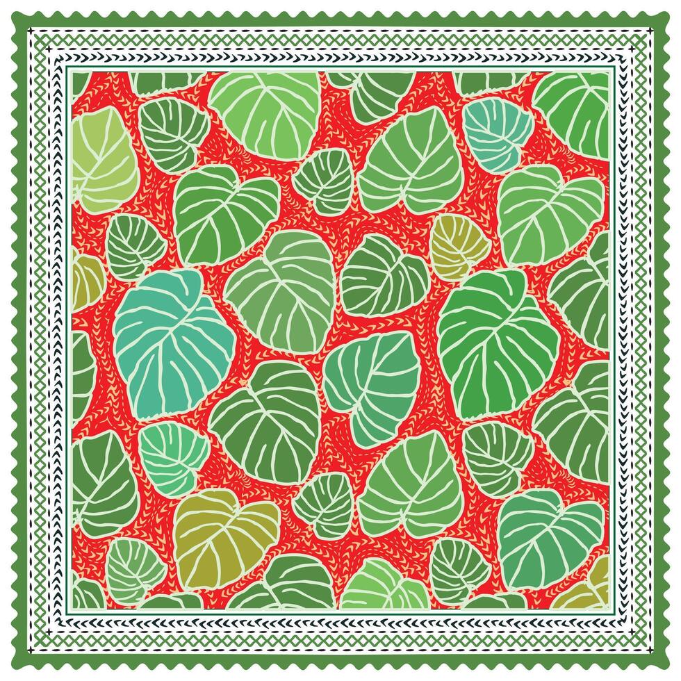 A square scarf, vibrant pattern of various green leaves on a red background, frame with decorative borders in green and white. vector