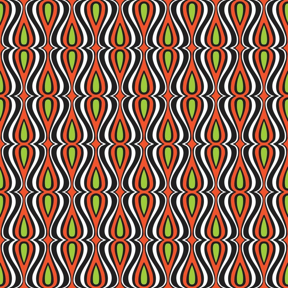A vibrant textile pattern featuring flowing swirls in orange, green, black, and white, creating a retro, wave-like design. vector