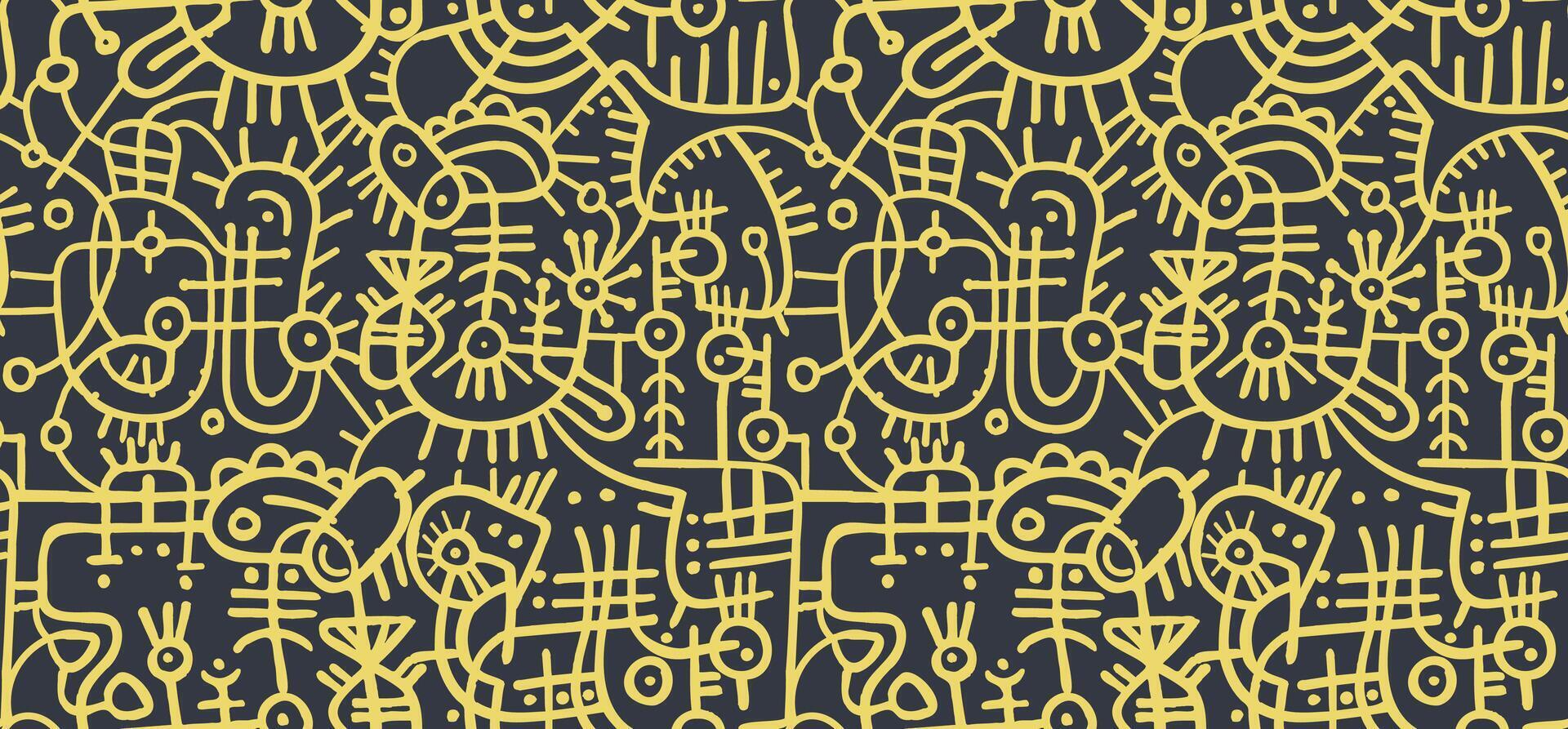A complex line art pattern of abstract yellow line drawings on a dark background, geometric shapes. vector
