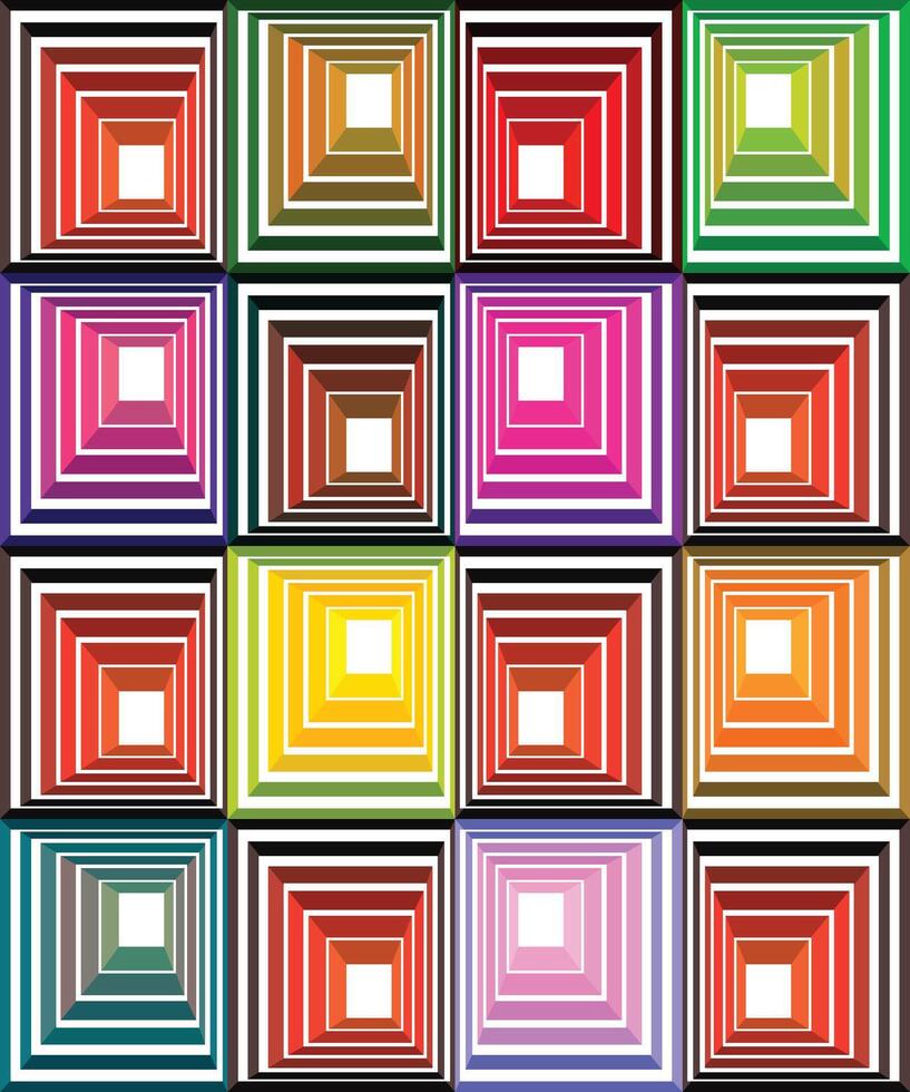 A grid of concentric square pattern, showcasing a variety of colors and gradient black background. vector