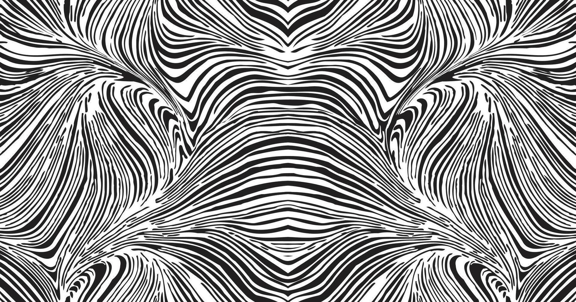 Abstract black and white pattern with swirling, wavy lines resembling zebra stripes, creating a dynamic and fluid visual effect. vector