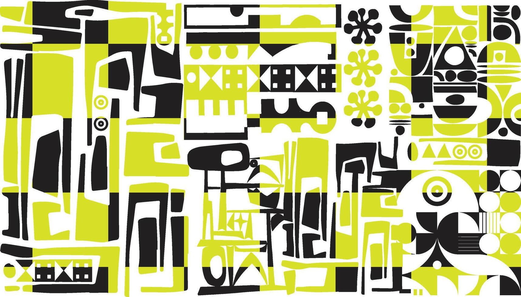 un vibrante resumen modelo presentando negrita negro cuadrado formas intercalado con brillante Lima verde y blanco elementos, creando un dinámica visual. vector