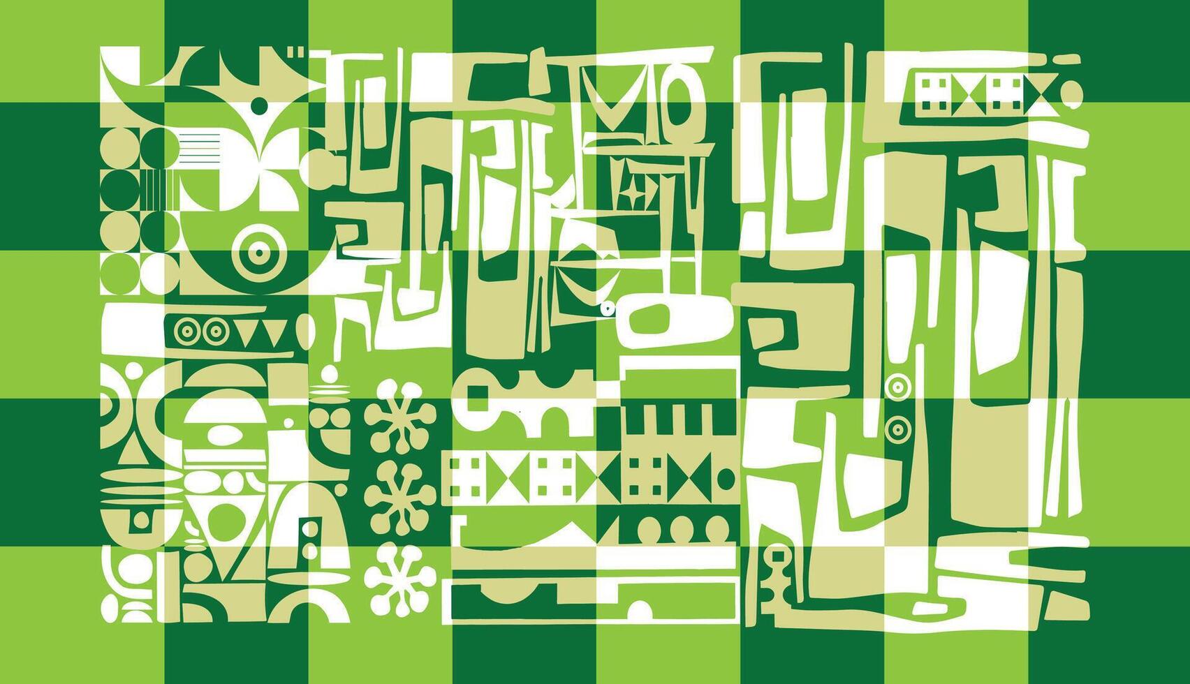 A vibrant abstract composition featuring geometric shapes and patterns in white and shades of green, creating a dynamic visual texture, look like a tribal shape motif on monochrome effect. vector