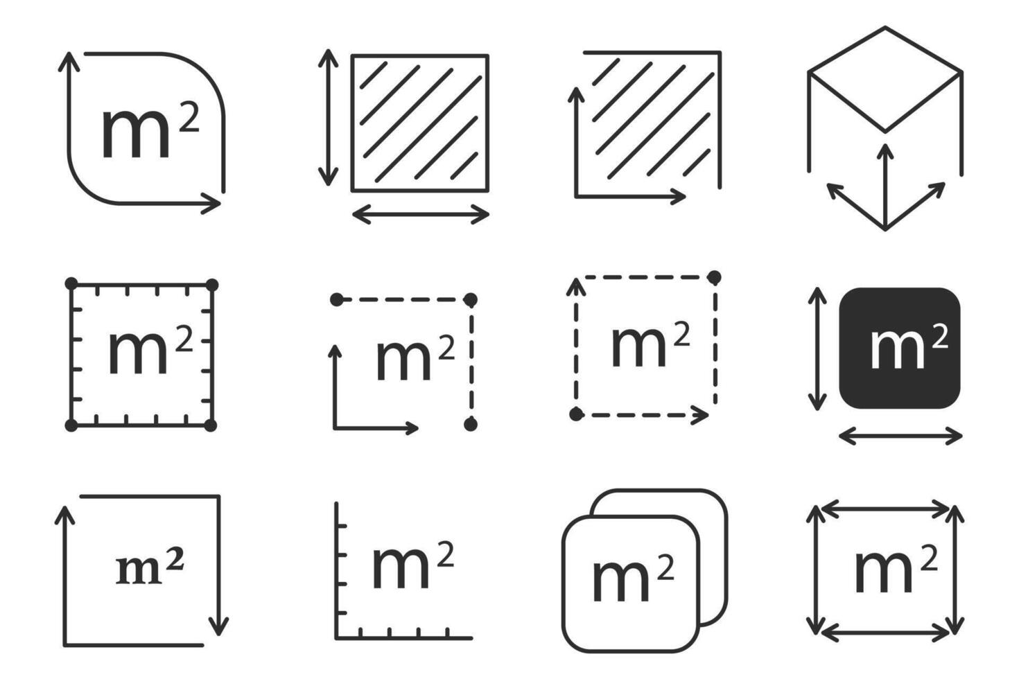 Square meter set line quantity area, m2 measuring area sign symbol. Simple territory measurement. Flat area square meter. vector