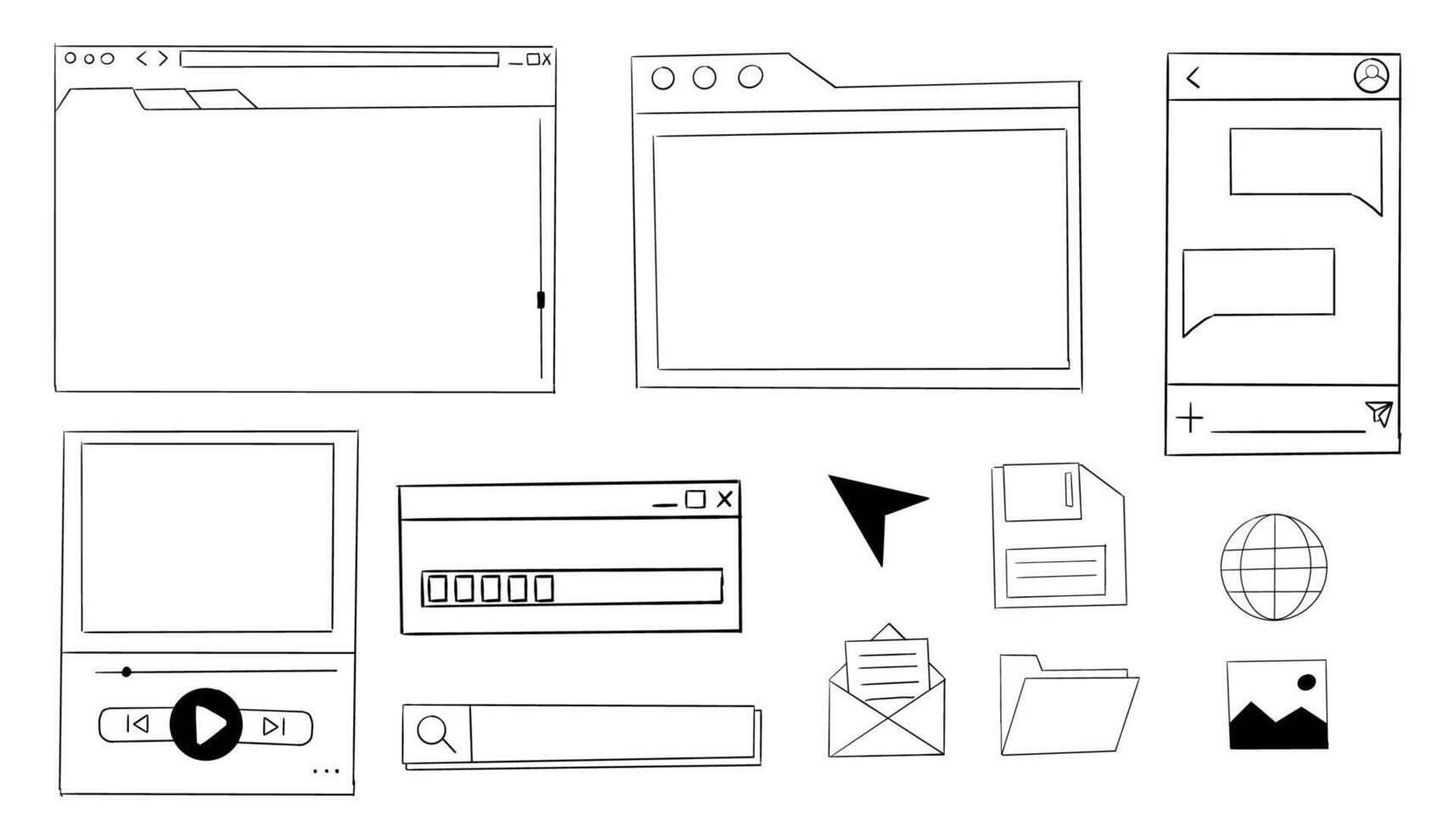 Retro window browser frame set y2k interface doodle old border, chat or dialog box, player search box. Desktop ui screen vintage aesthetic. vector