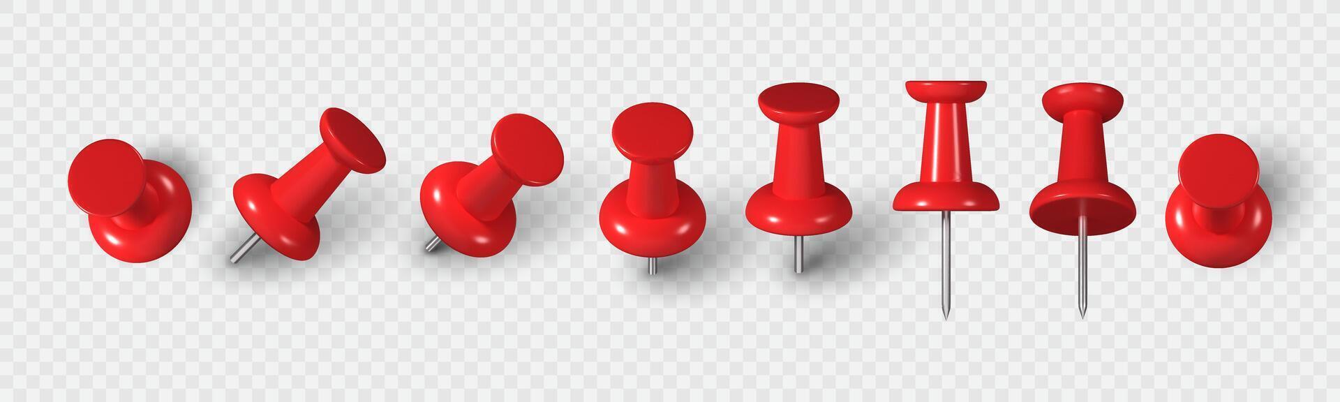 Realistic 3D red push pin. Plastic thumbtack set shown from multiple angles with soft shadow effect. vector