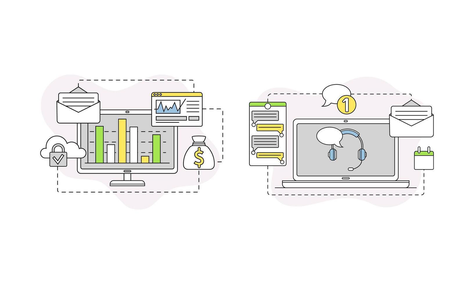 negocio y puesta en marcha desarrollo con gráfico en computadora y llamada centrar línea composición conjunto vector