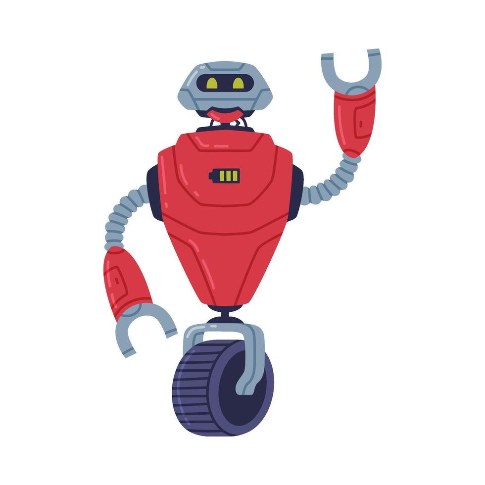 Metal Red Robot Machine with Limbs and Wheel for Labor Automation Illustration vector