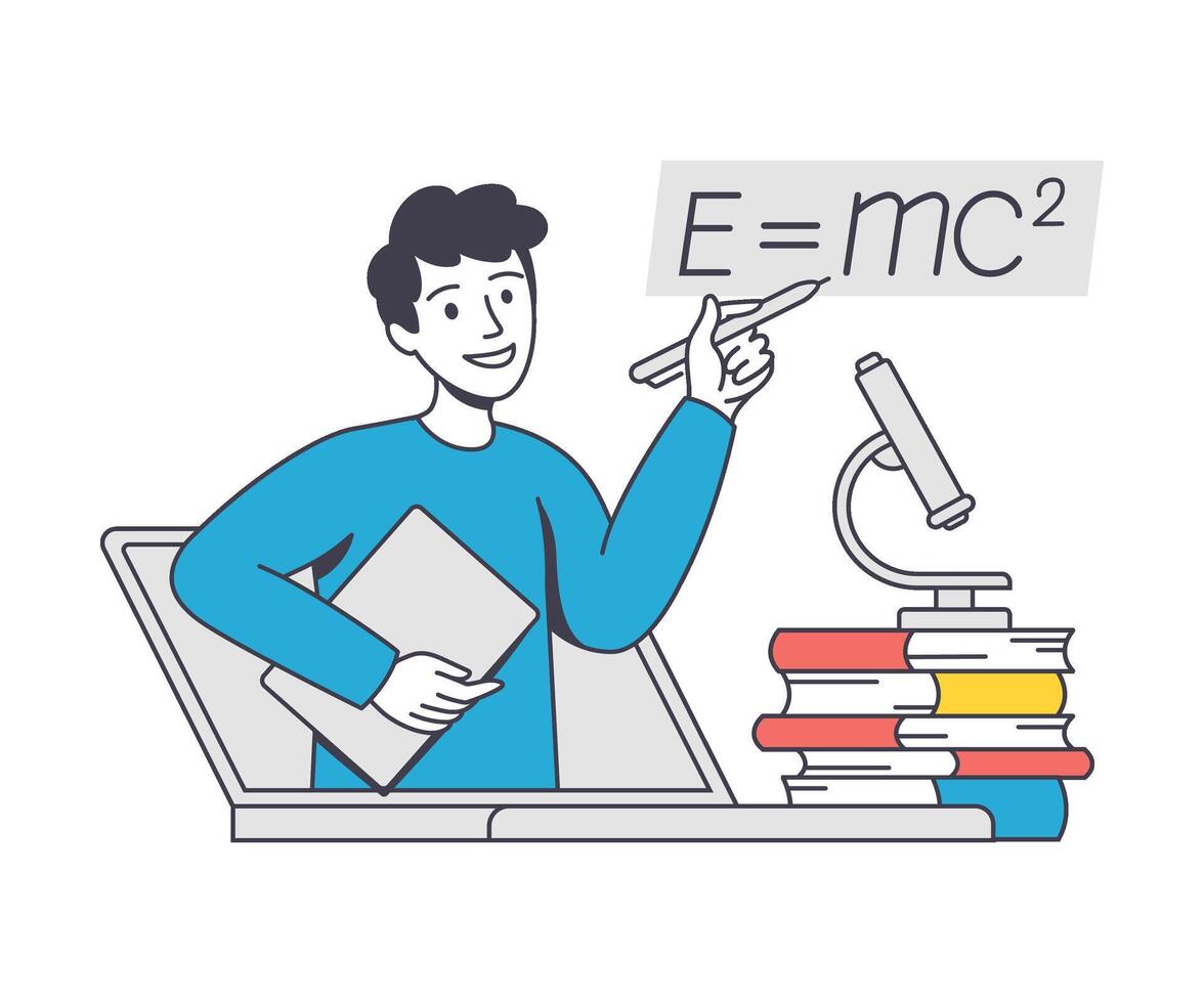 en línea aprendizaje con hombre instructor enseñando fórmula comprometido en virtual clases contorno ilustración vector