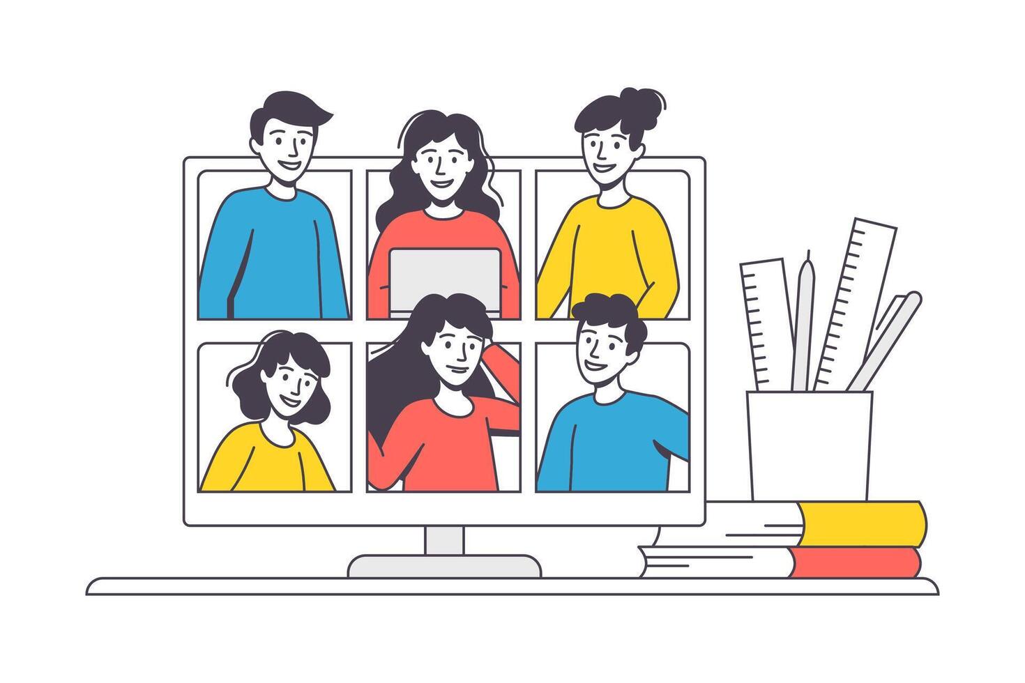 Online Learning with Man and Woman Student and Instructor on Computer Screen Engaged in Virtual Classes Outline Illustration vector