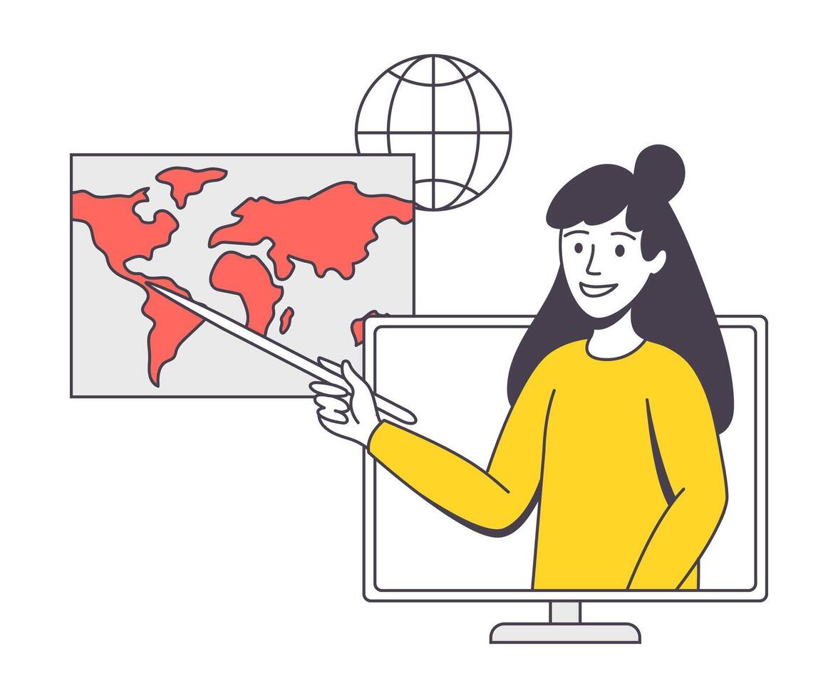 Online Learning with Woman Instructor from Computer Pointing at Globe Map Teaching Geography Engaged in Virtual Classes Outline Illustration vector