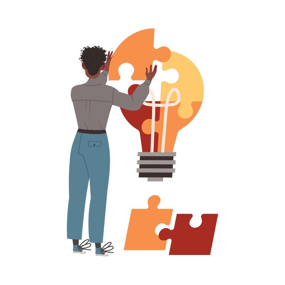 Person working on puzzle and light bulb vector
