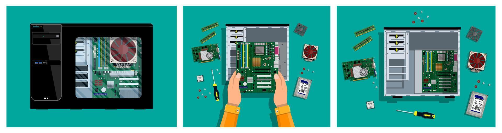 Person assembling a computer motherboard vector