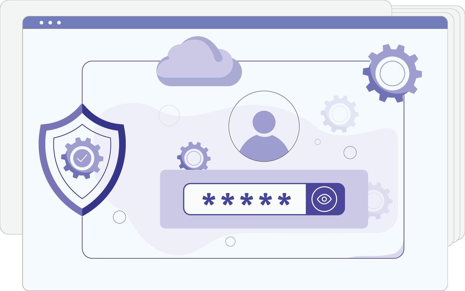A secure login screen displays a password field, user profile, and security shield, illustrating Log in UI vector