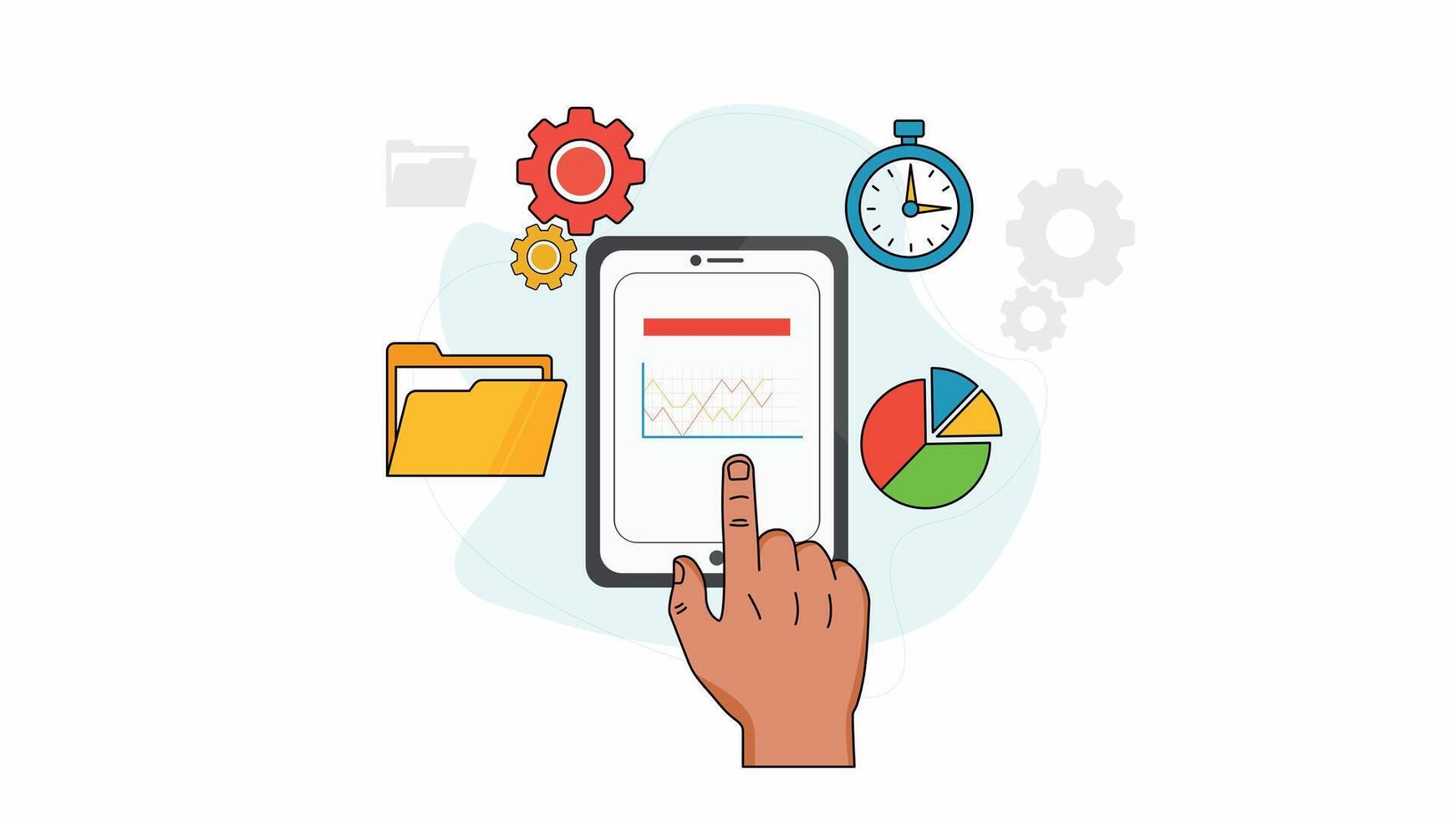 A hand interacts with a smartphone displaying graphs and charts, illustrating data analysis vector