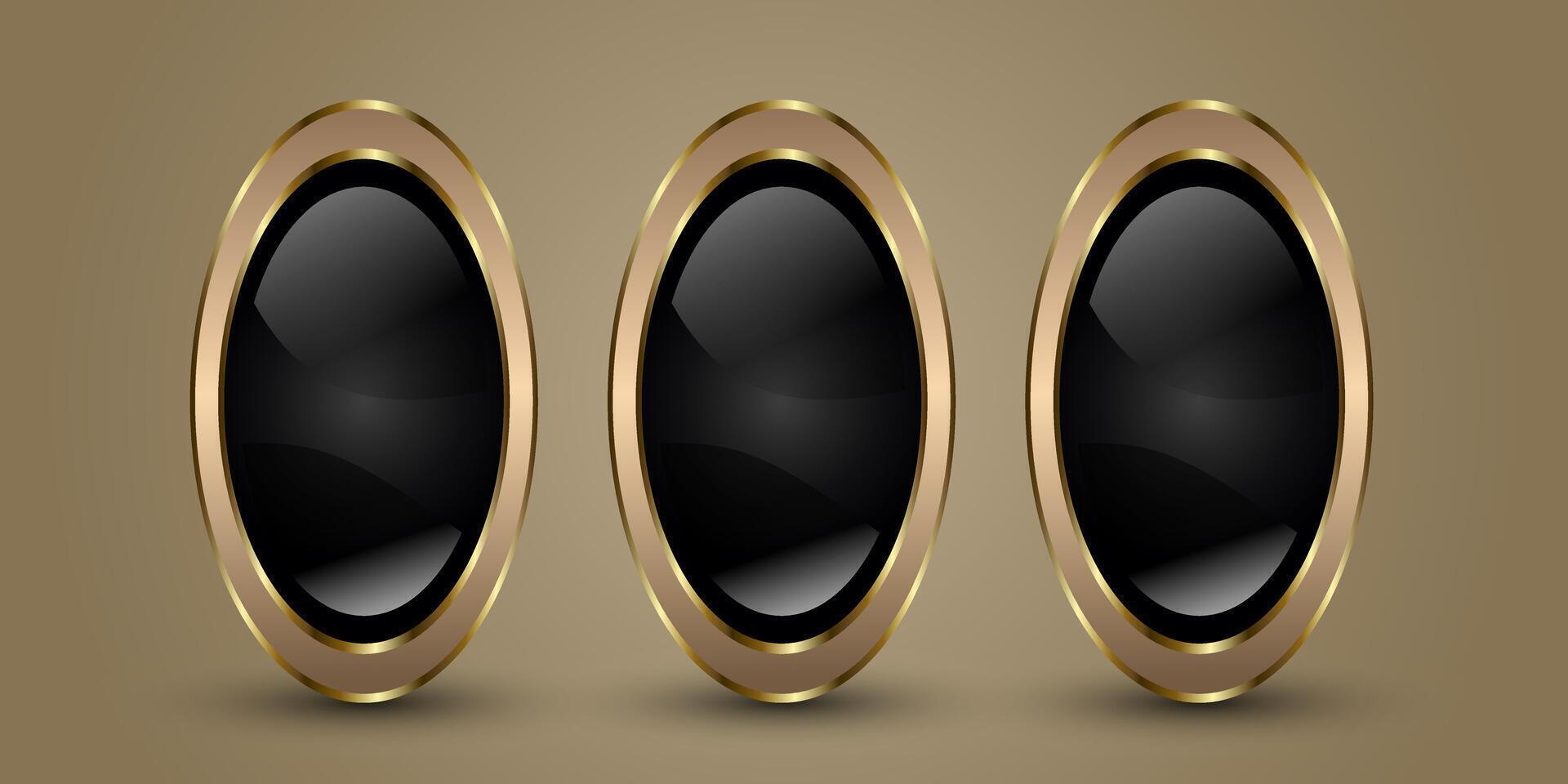 Group of three Luxury Oval Buttons, Symbols, with sophisticated vertically-oriented oval button featuring a deep, glossy black center with soft reflections vector