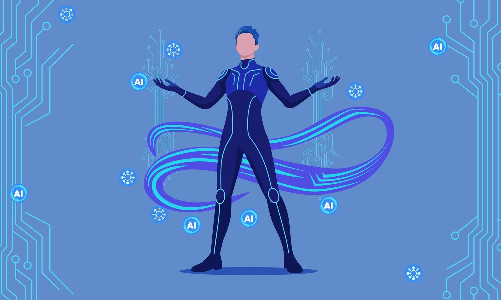 Futuristic illustration of a faceless humanoid in a high-tech suit controlling AI symbols, surrounded by digital circuits and glowing infinity loop on a blue background. vector