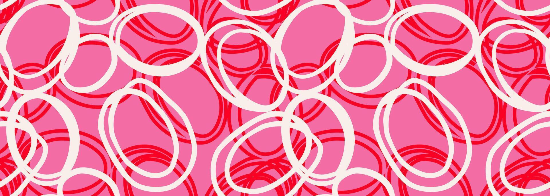 Dynamic abstract pattern featuring overlapping hand drawn circle shapes in red and white on an bright pink background. Bold, modern, and artistic design, ideal for textiles, wallpapers vector