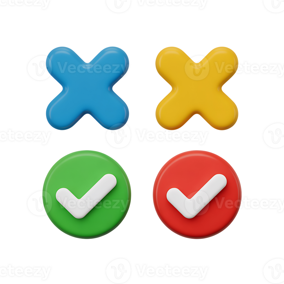3d colorful check marks and cross marks validation signs on transparent background png