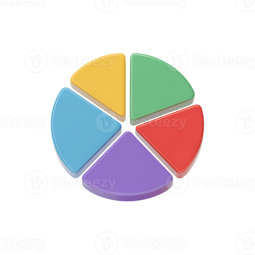 Colorful 3d pie chart with five segments on transparent background for data visualization png