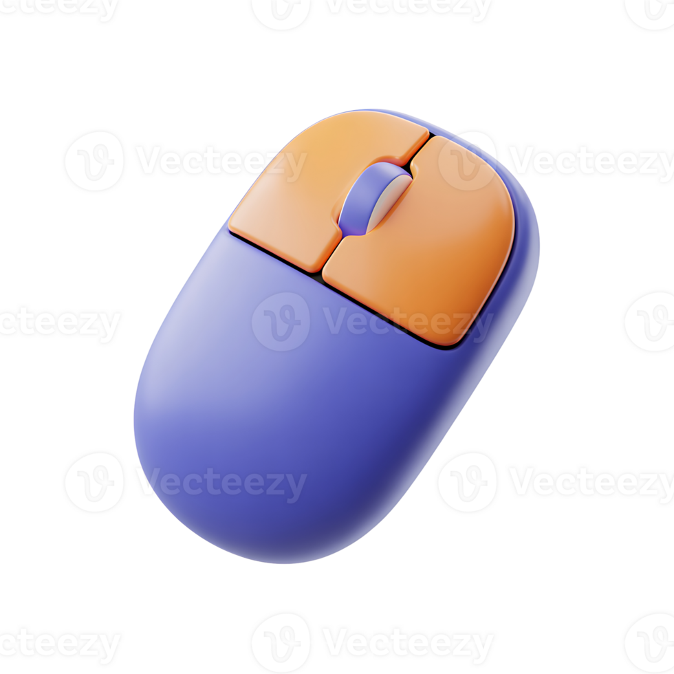 Stylized computer mouse with violet base and orange buttons on transparent background png