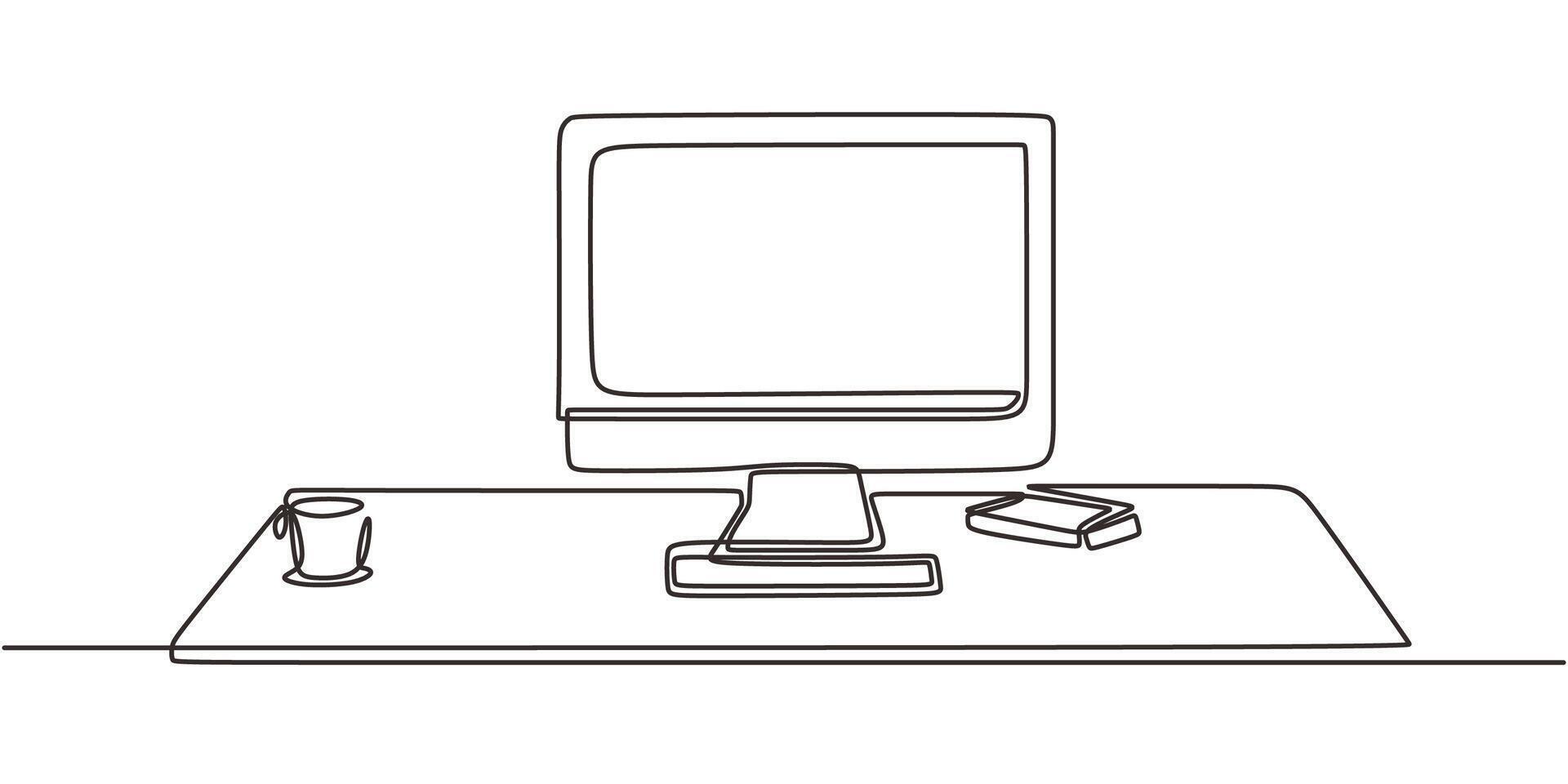 Continuous Line Minimalist Workspace. Desk Computer Setup Office Business Art. vector