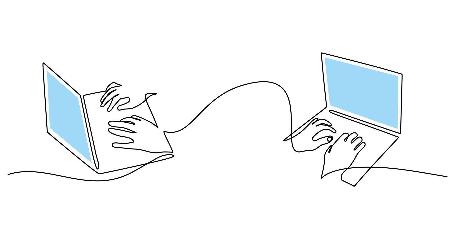 Continuous Line Drawing Hands Typing Laptops. Teamwork Partnership Remote Work Art. vector