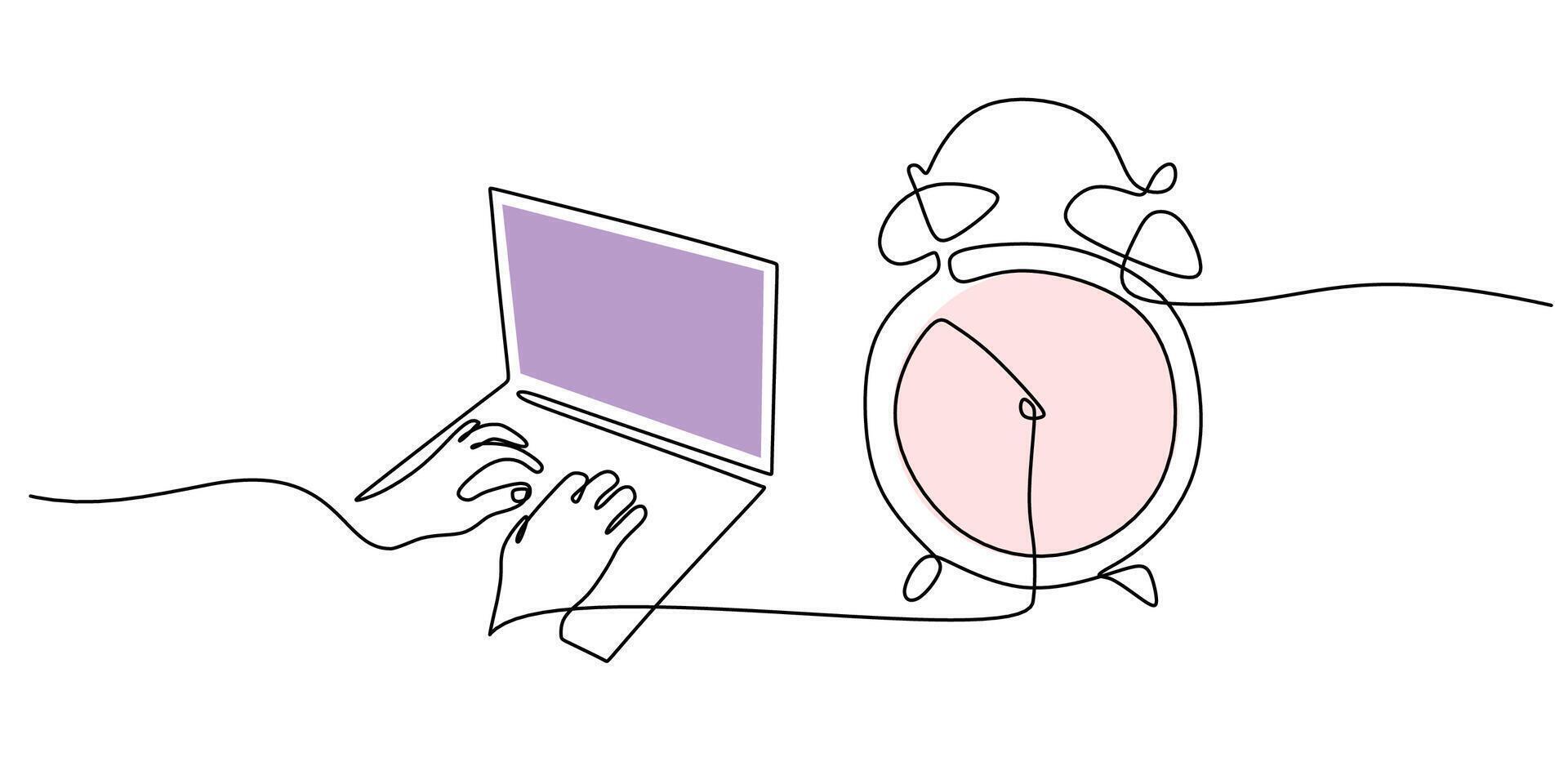 Continuous Line Drawing Clock Face Hands Typing. Time Management Work Efficiency Art. vector