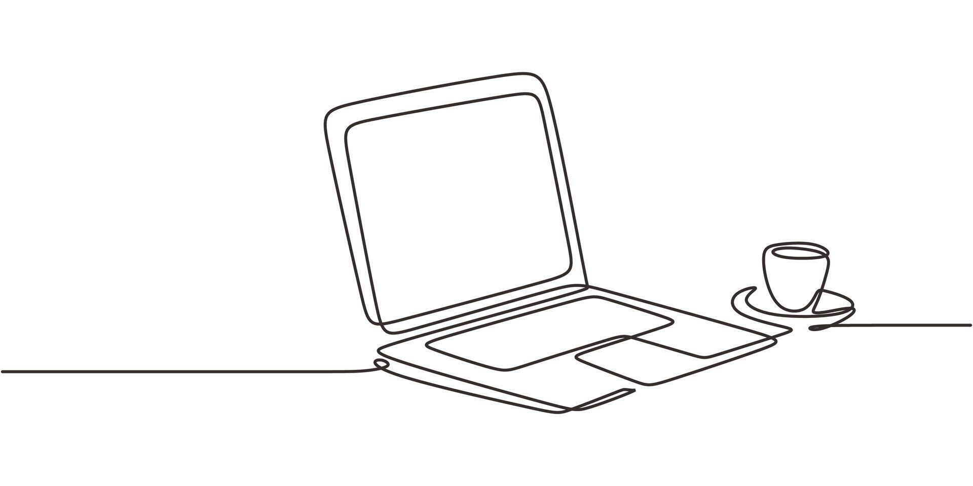 Continuous Line Drawing Work Setup Laptop Coffee Cup. Open Computer Desk Minimalist Art. vector