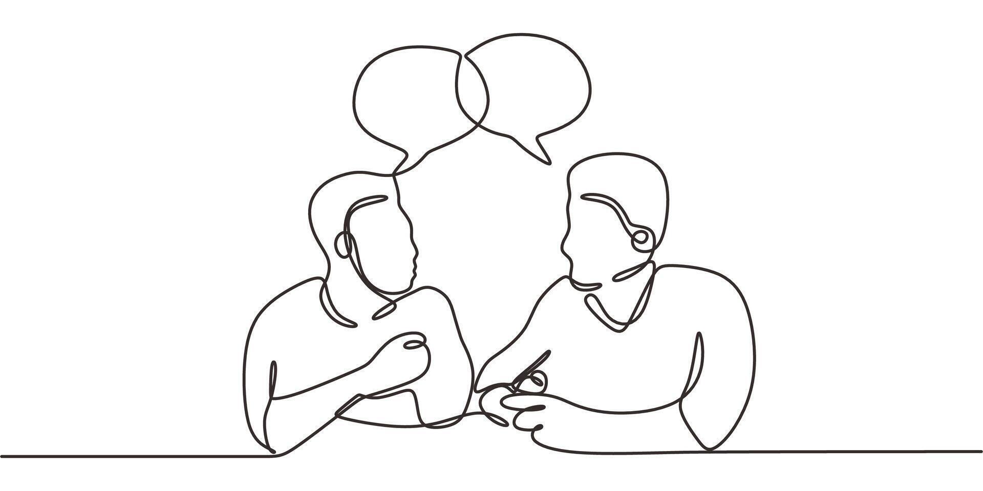 Single Line Art Workplace Dialogue Two Figures Linked Speech Bubbles. Teamwork Minimalist . vector