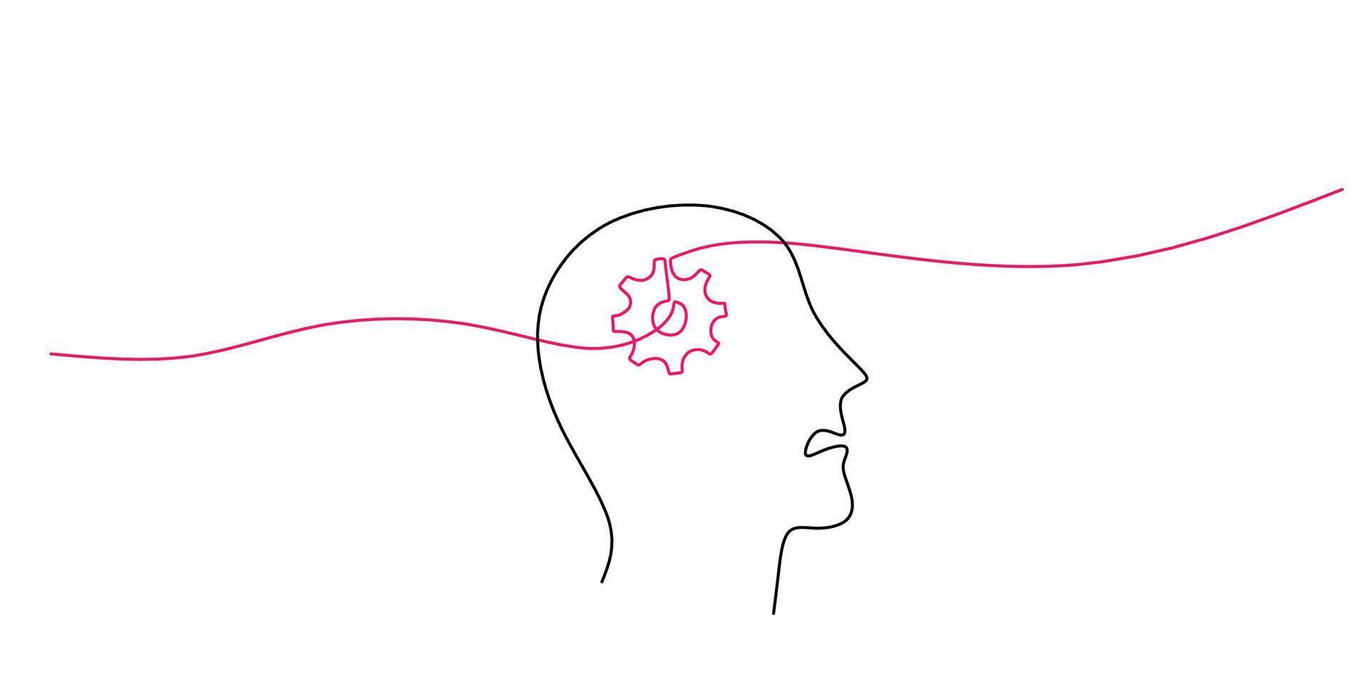 Continuous Line Drawing Brain Gears Inside. Intellectual Effort Problem Solving Strategy Art. vector