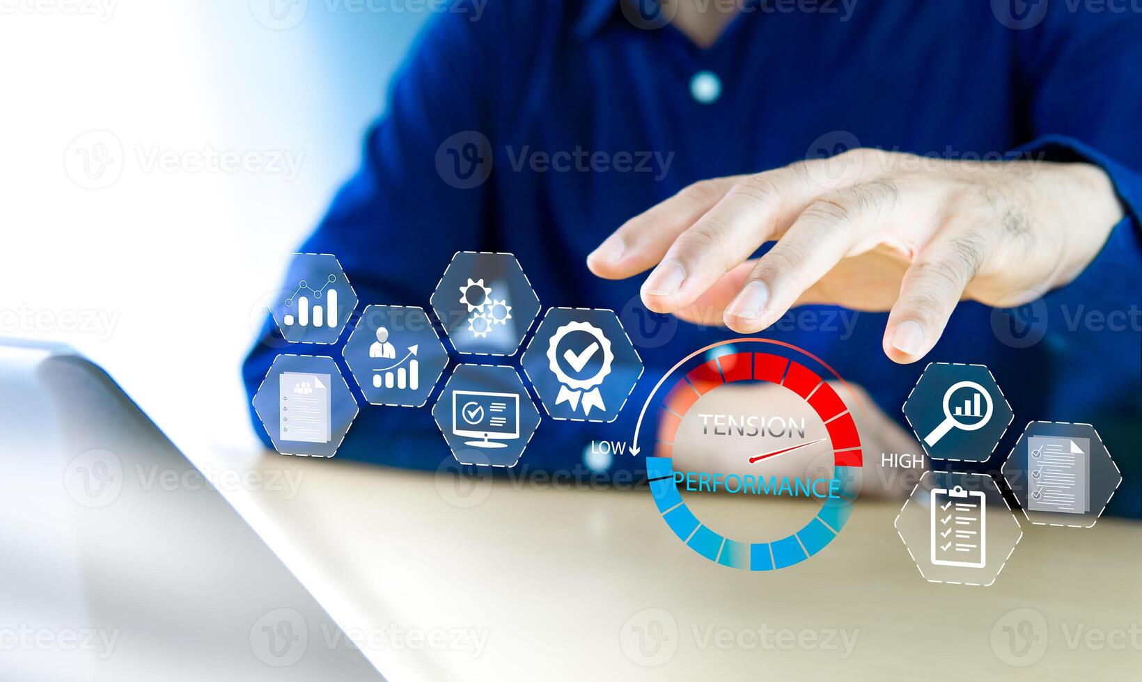 Reduce tension, personnel management to increase efficiency in the work system because it will have a negative effect on the workers and their work. A man uses his palm to control the tension gauge photo