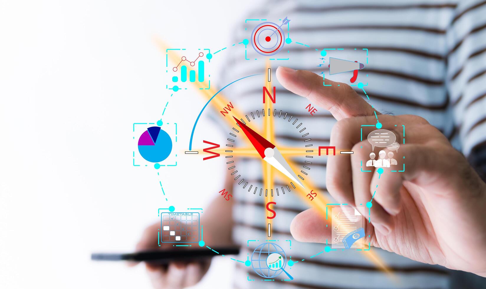 Compass for navigation, direction of business strategy to achieve the highest goal, of personnel control, scheduling and public relations, A man holds a virtual compass that to guide to success. photo