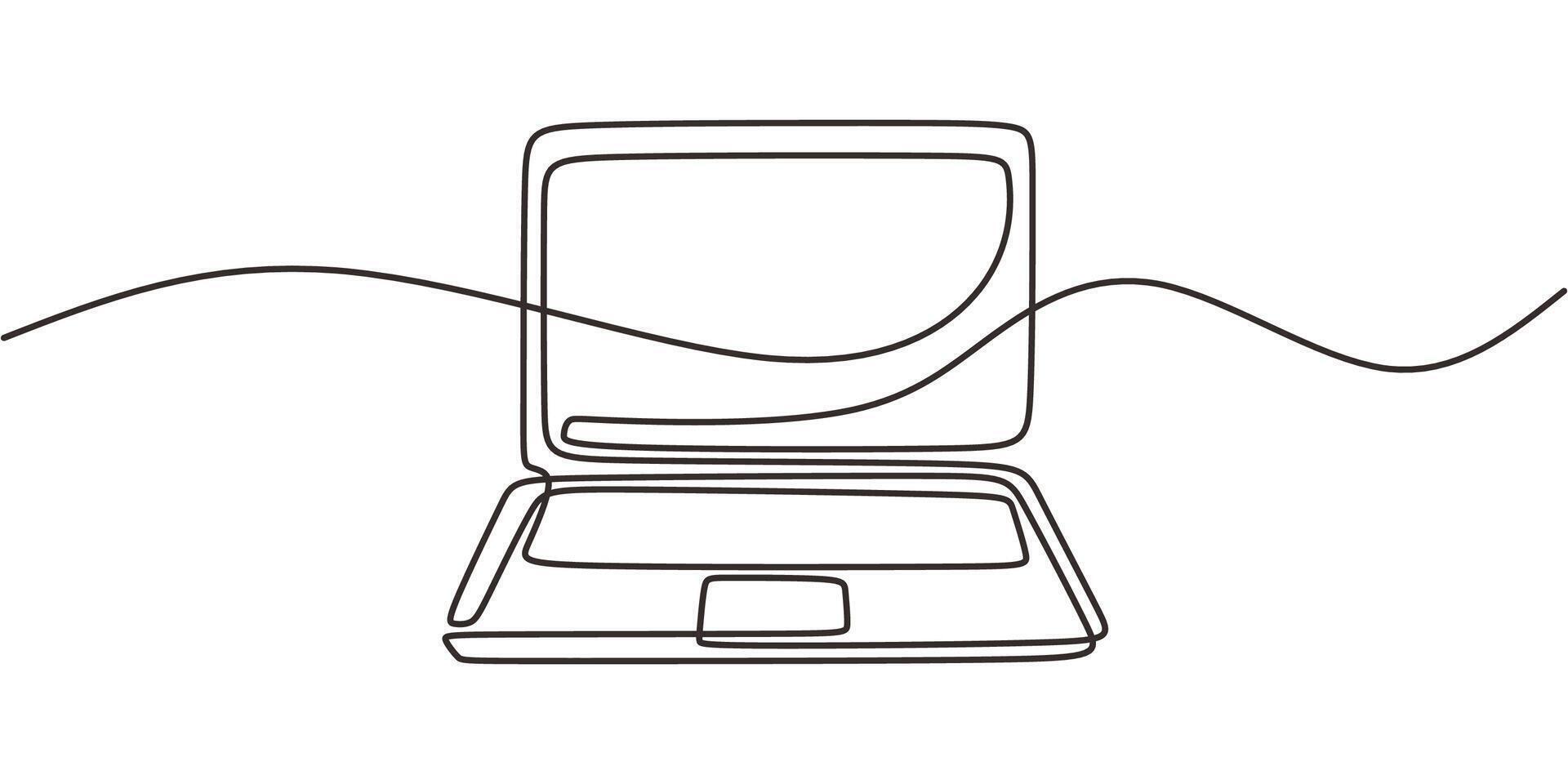 Open Laptop Computer Continuous Line, Business Workspace Tech vector