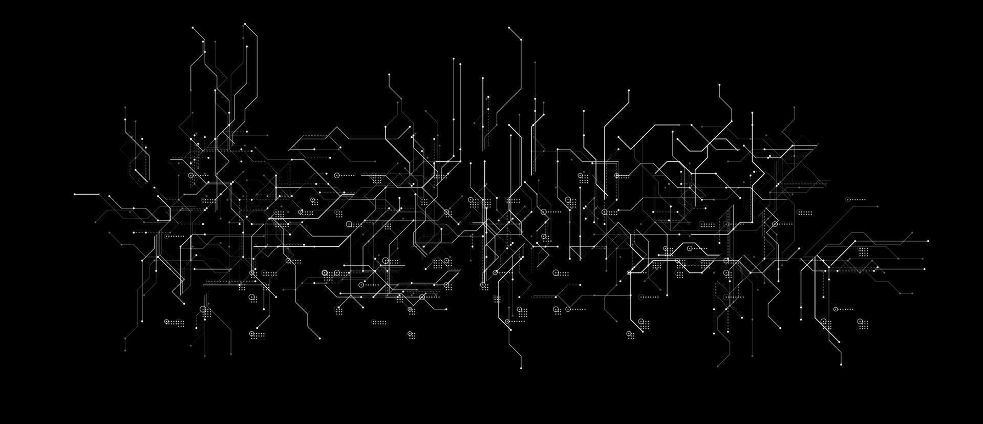 Digital circuit chip black background, processor network. AI neural system texture. Cyber data flow tech pattern. Artificial intelligence technology backdrop. White lines BG. illustration vector