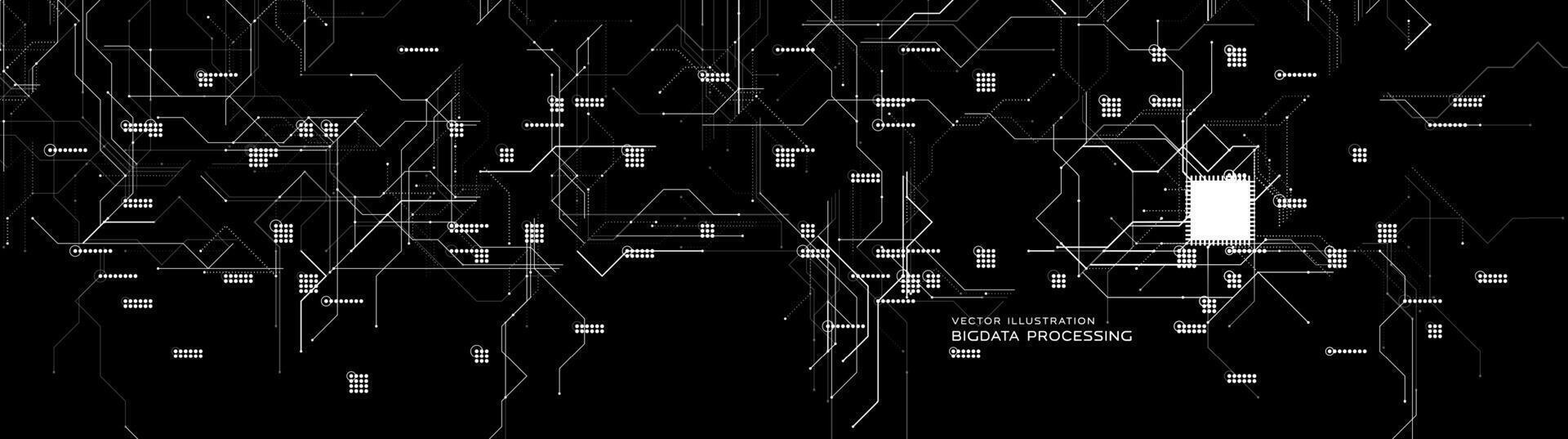 Digital circuit white chip black background, AI processor network BG. Big Data cyber security, neural system texture. Artificial intelligence technology pattern. backdrop vector
