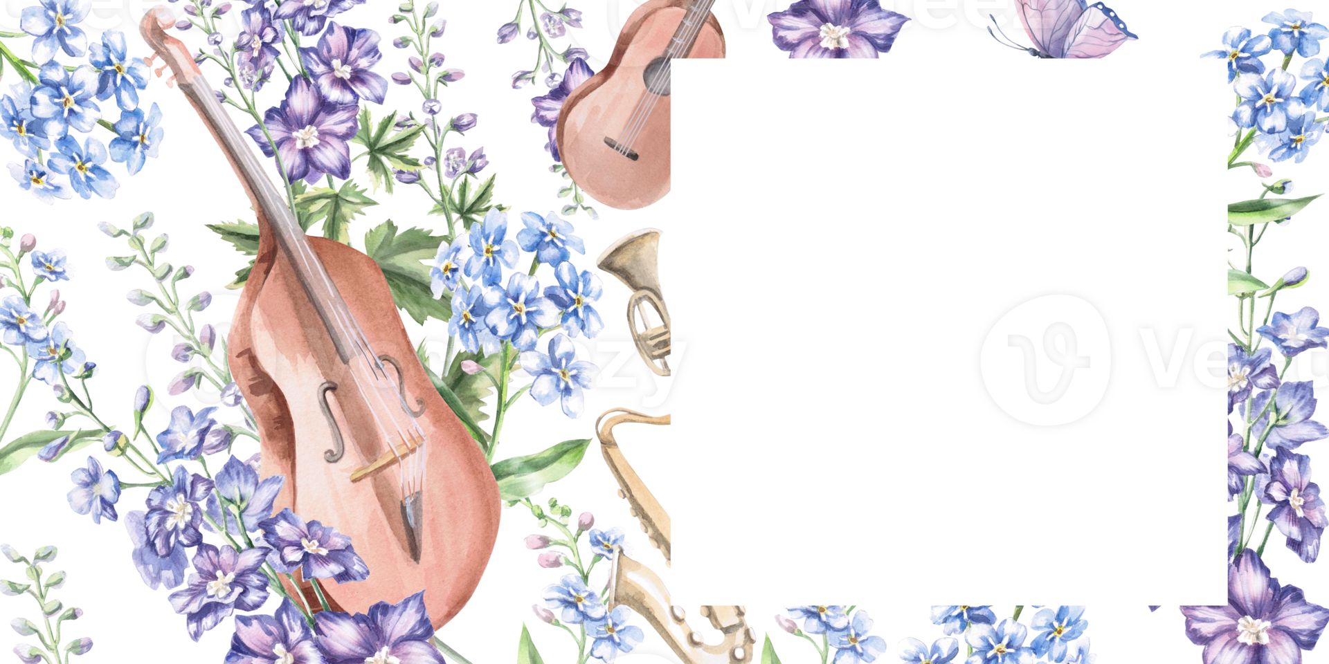 Rectangular frame with double bass and musical instruments on the background of flowers. Isolated watercolor illustration in a realistic style for decorating invitations, labels, postcards. png