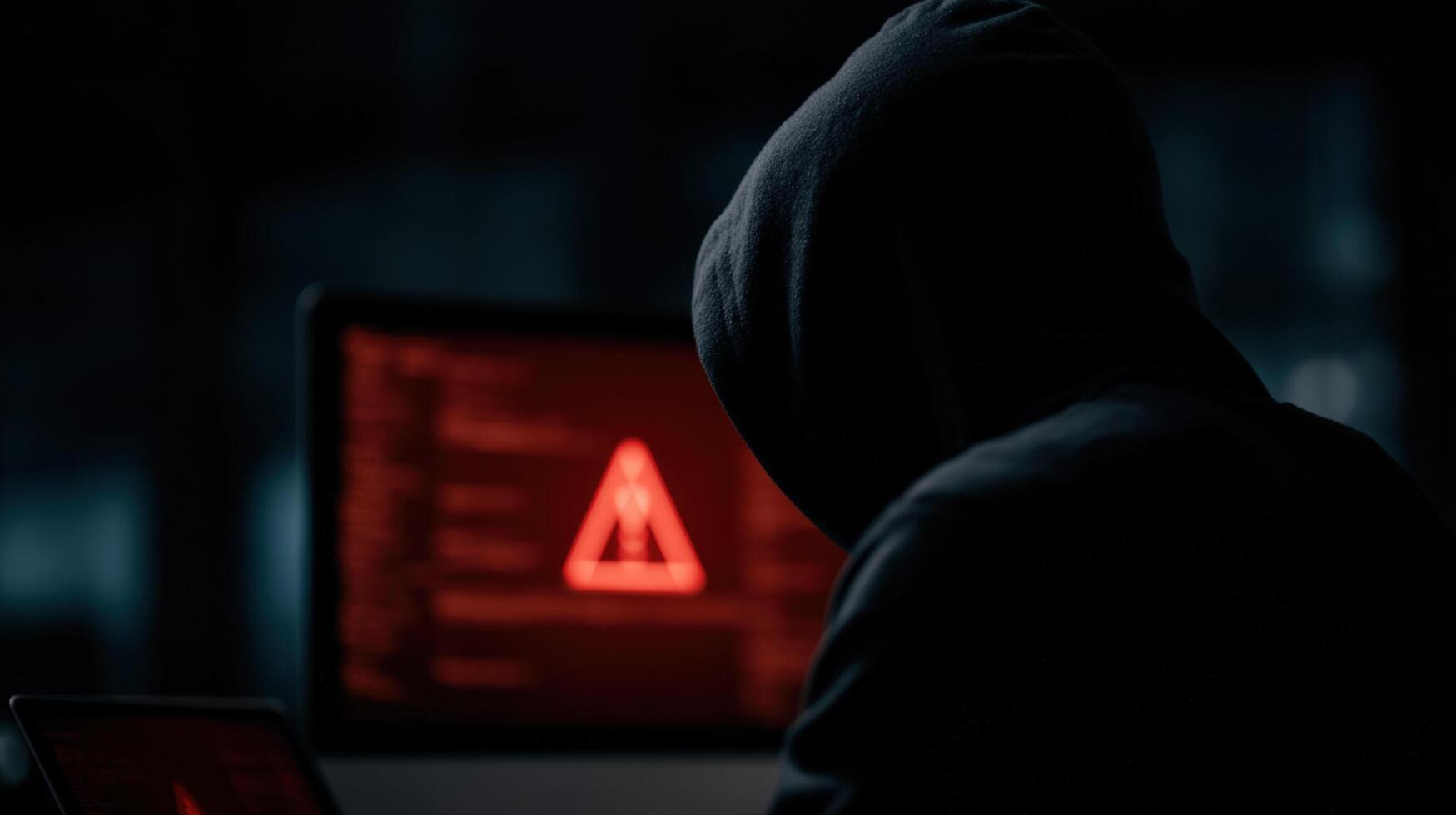 Hacker in dark room with hooded sweatshirt, red warning symbol on computer screen, cybercrime photo