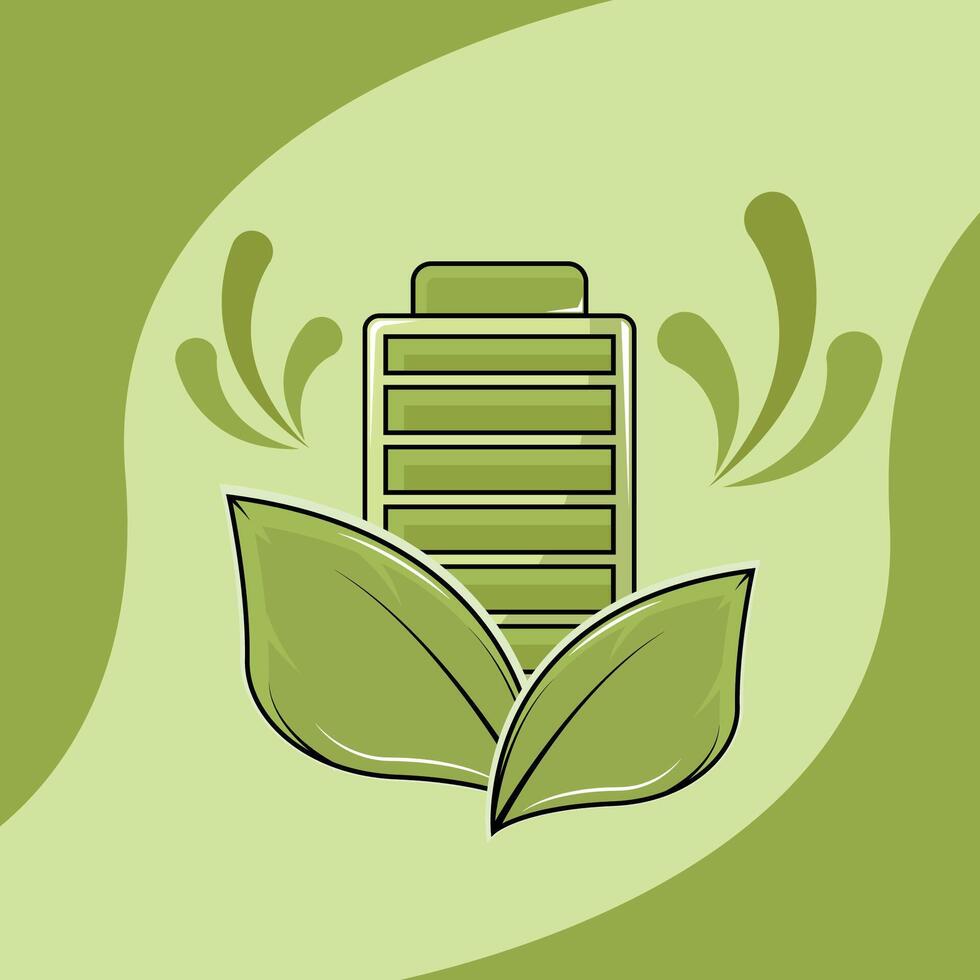 Eco Friendly Power Source with Leaves illustration template graphic design . Green Energy Battery Sustainable and Renewable Electricity for ecology idea with backgrounds in flat style vector