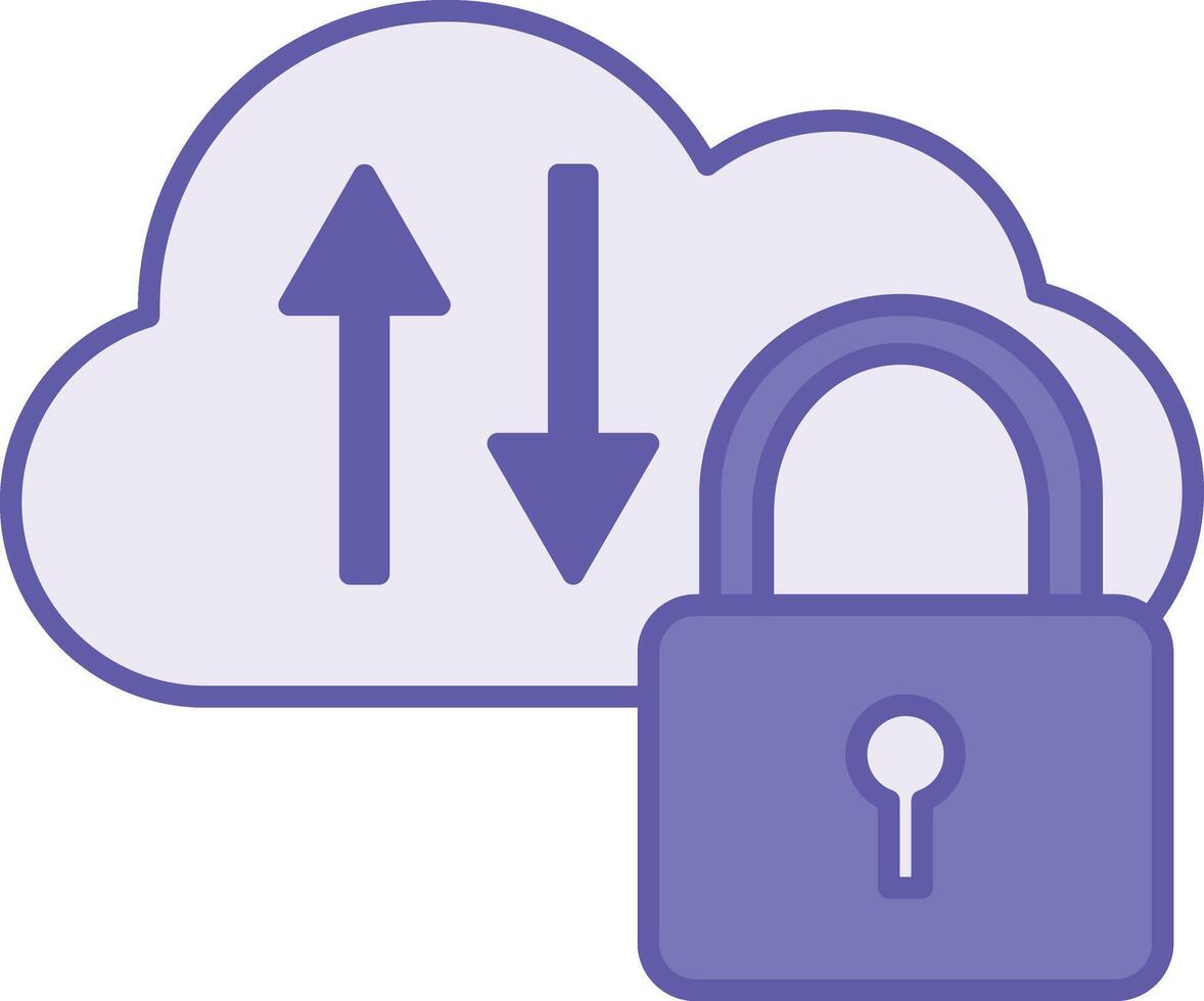 Colored Cloud Icon. Illustration. Padlock, Cloud, and Up and Down Arrows. Storage for Saving Files on the Internet. Concept of Password and Data Security vector