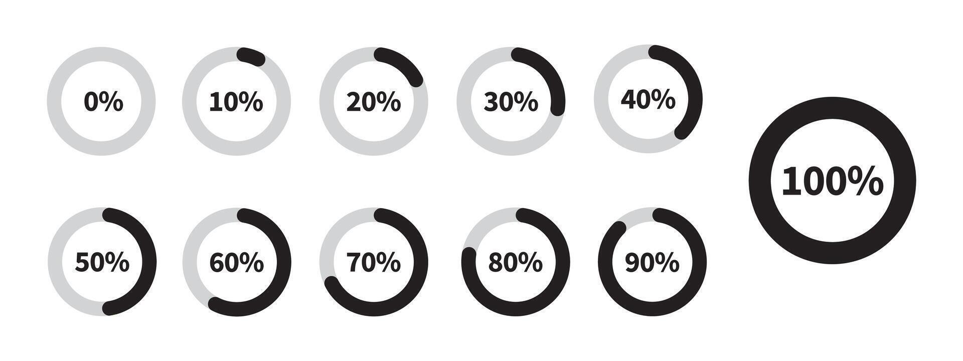 Set of loading indicators and progress bars. Circular meters from 0 to 100 ready to use for web design, user interface UI, or infographics. Includes 0, 10, 20, 30, 40, 50, 60, 70, 80, 90, 100. vector