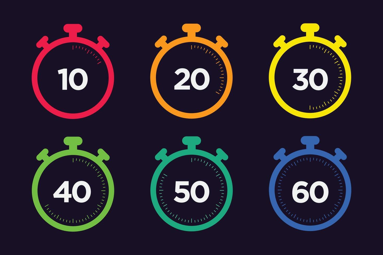 Set of stopwatch timer icons showing countdown intervals of 10, 20, 30, 40, 50, and 60 minutes. vector