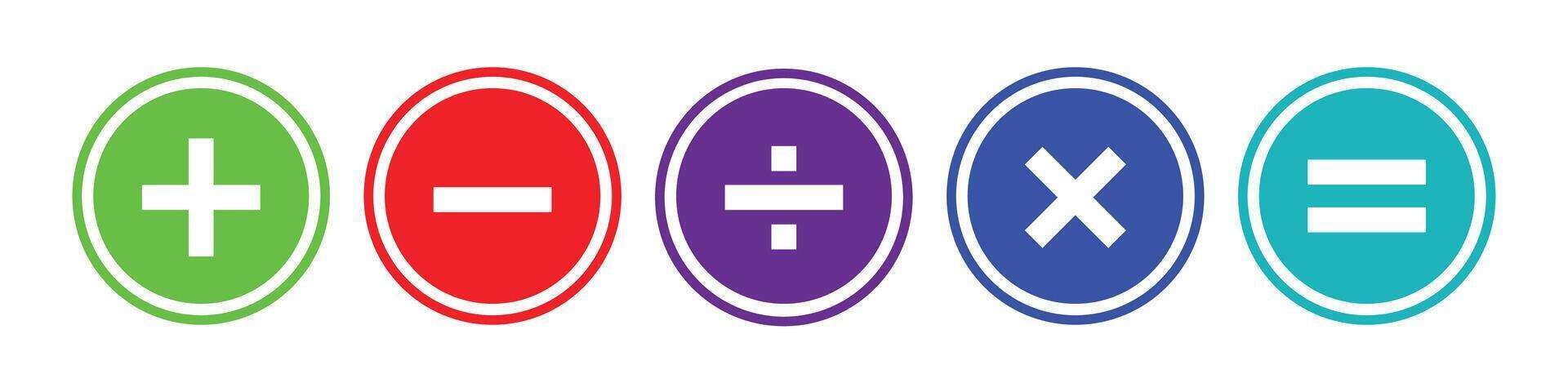 illustration of a set of mathematical symbols. Circular icons for basic number operations like addition, subtraction, multiplication, and division. Simple calculation elements. vector
