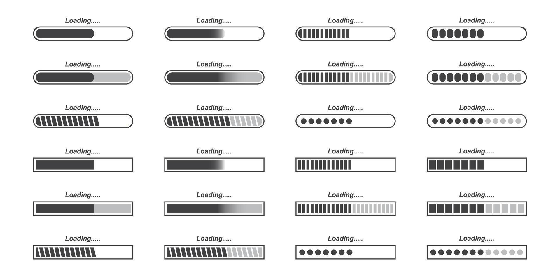 Loading bar icon set. Progress bar symbols. Download and upload indicators. Loader sign collection. Loading process icons. vector