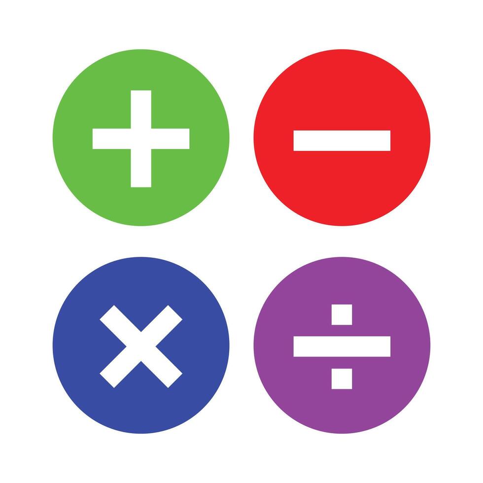 illustration of a set of mathematical symbols. Circular icons for basic number operations like addition, subtraction, multiplication, and division. Simple calculation elements vector