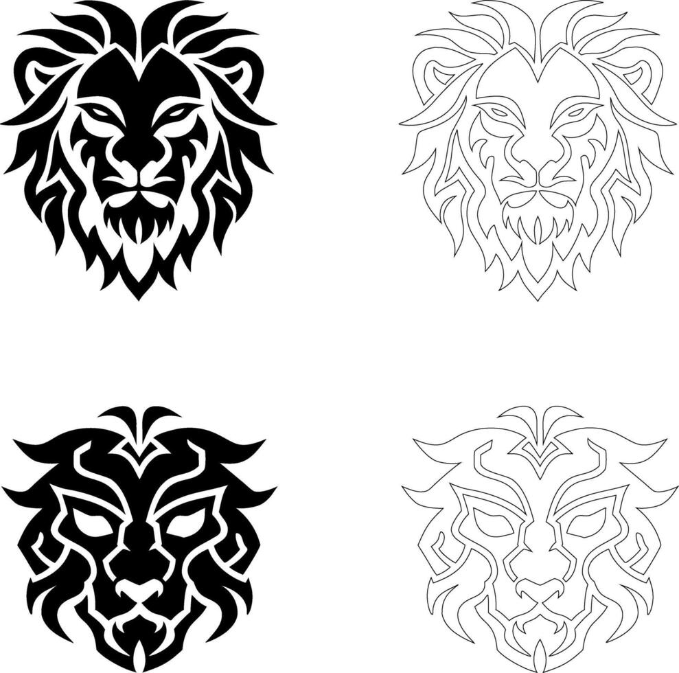 Tribal style lion face silhouette, symmetrical patterns, bold black design, sharp edges vector