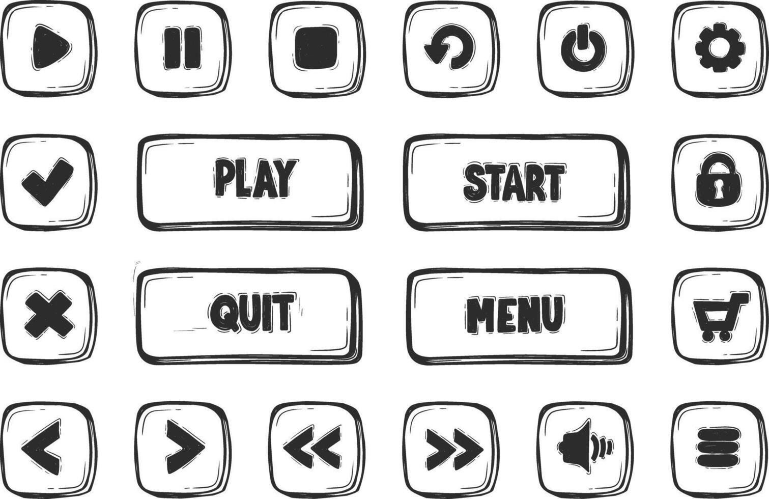 Hand Drawn Scribble Game UI Icon Set. Doodle Style Gaming Interface Elements with Isolated Background for Casual and Mobile Game Design. vector