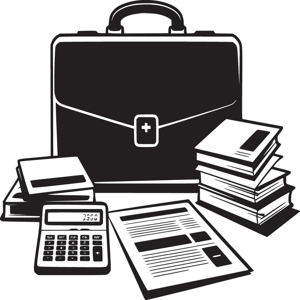 A briefcase, calculator and books are sitting on a table vector