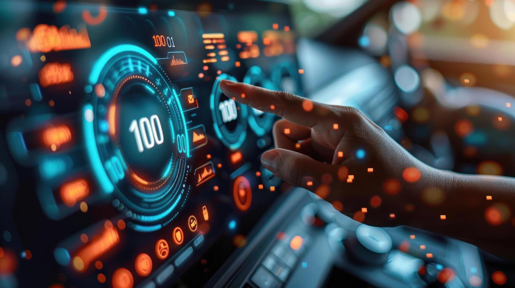 A hand interacts with a futuristic car dashboard interface, displaying digital gauges and controls. photo