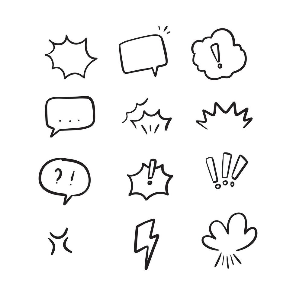A collection of hand-drawn speech bubbles and comic-style graphic elements, including exclamation points, question marks, and bursts, representing communication and expression. vector